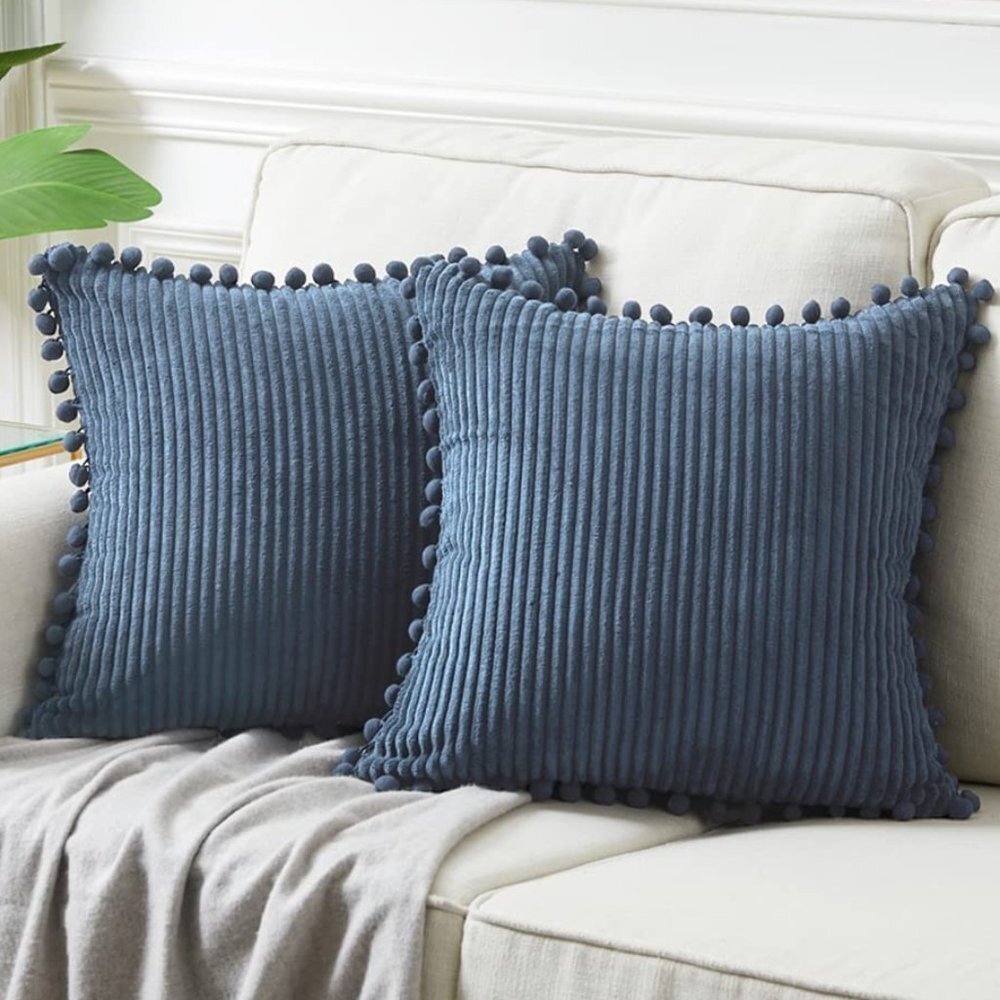Navy Blue Corduroy Luxury Velvet Pompom Bed/Sofa Throw Pillow Cover/Case Set